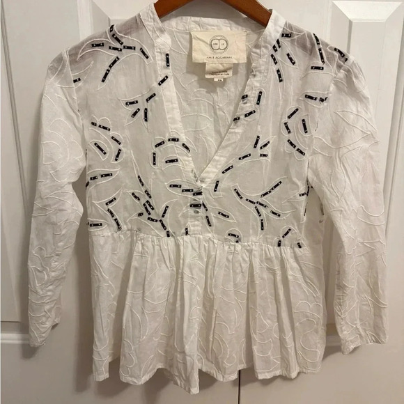 Amit Aggarwal Anthropologie Ramona Embroidered White Babydoll Top SIZE XSMALL - Picture 4 of 13